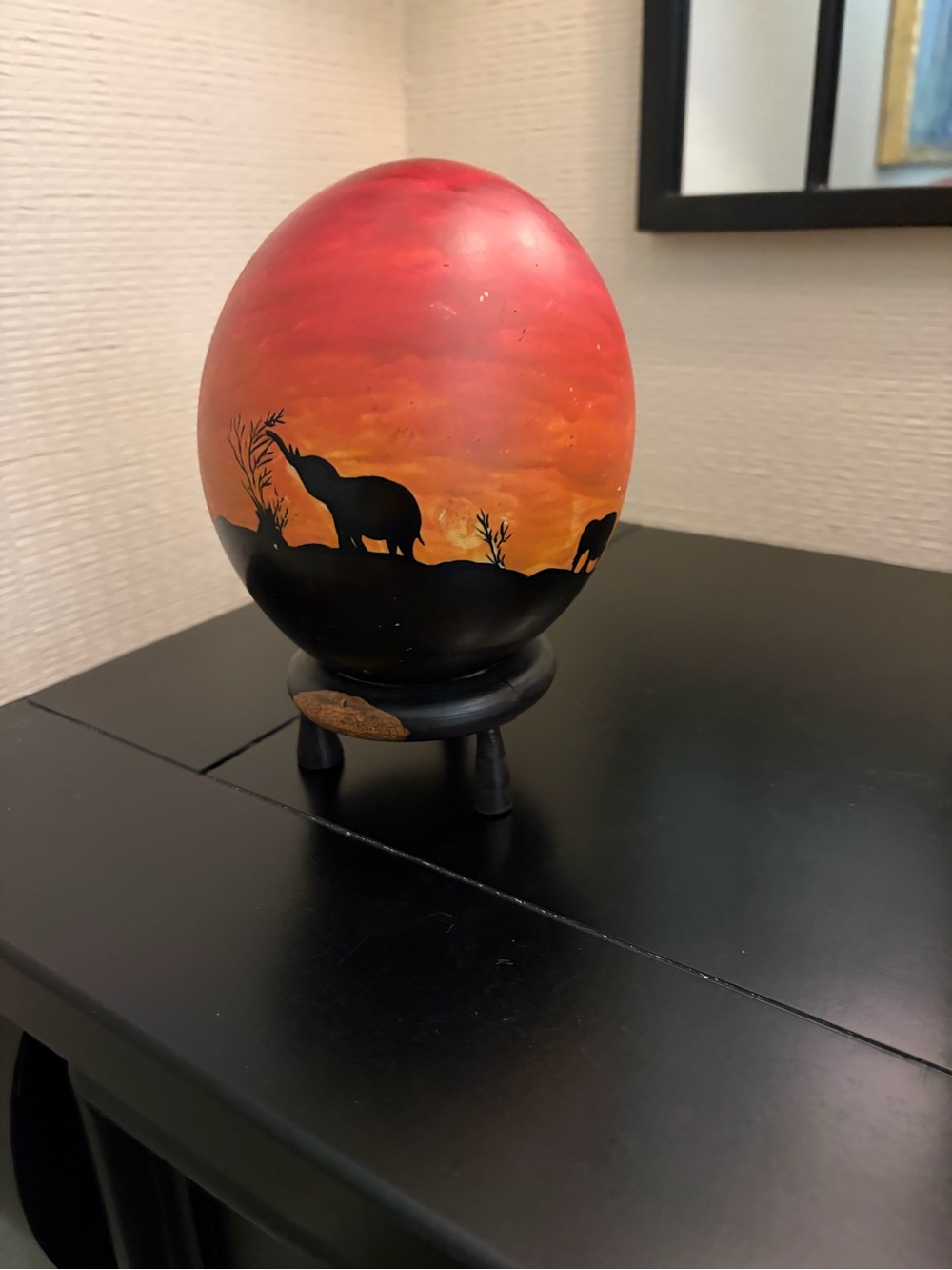 Hand-Painted Sunset Elephant Decorative Ostrich Egg with stand-Tanzania 2003